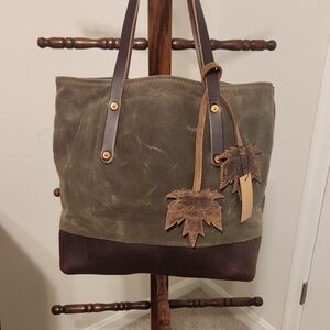 Go Forth Goods Brand Waxed Olive Green Canvas & Brown Leather Tote
